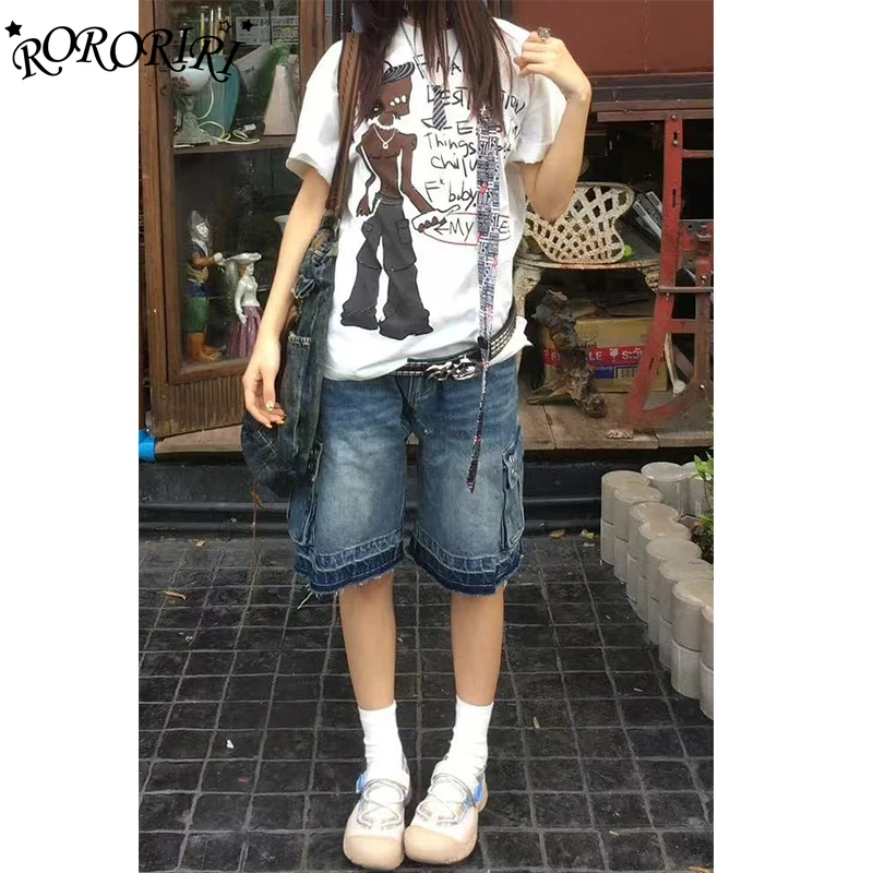 

RORORIRI Американские винтажные джинсы Jorts Спецодежда Джинсовые шорты для женщин Укороченные брюки с карманами и необработанными краями Унисекс Мужские заклепки