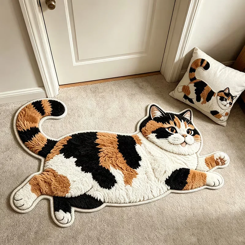 VIKAMA Lying British Shorthair Cat Shaped Doormat Non Slip Soft Fluffy Irregular Floor Rug Pet Lover Bedroom Entryway Home Decor