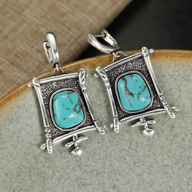 Vintage Square Silver Plated Pendant Earrings For Women Inlay Synthetic Turquoise Inlay Ear Buckle Bohemian Style Accessory