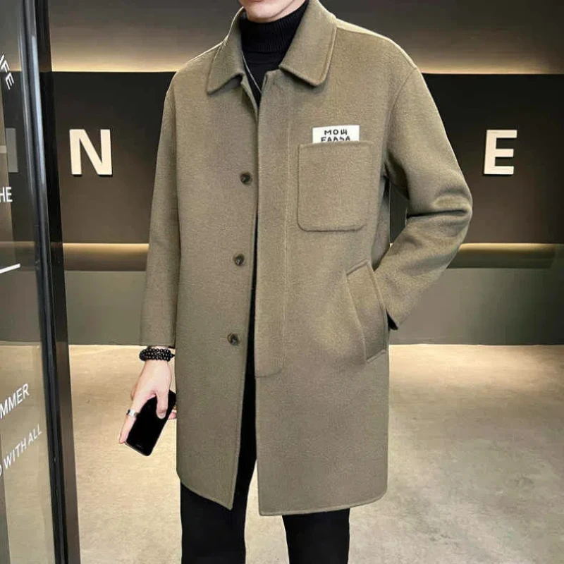 

Flip Collar Double-sided Woolen Coat for Men Mid to Long Woolen Fabric Versatile Coat with Flip Collar and Outerwear