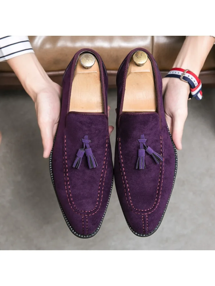 Marka projektant męskie zamszowe buty skórzane Vintage fioletowe mokasyny z frędzlami męskie mokasyny Casual mieszkania Slip-On męskie buty towarzyskie — zdjęcie 2