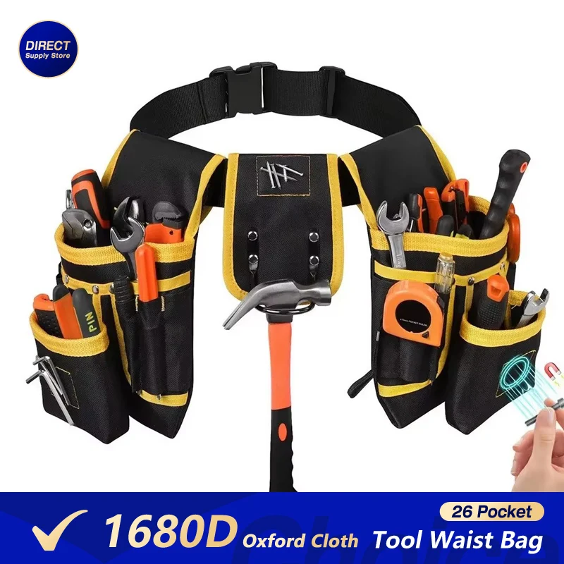 1680D Oxford Cloth Tool Waist Bag with Magnetic Belt Hammer Holder Nail Suction Tool Pouch Organizer Electrician Tools Carpenter