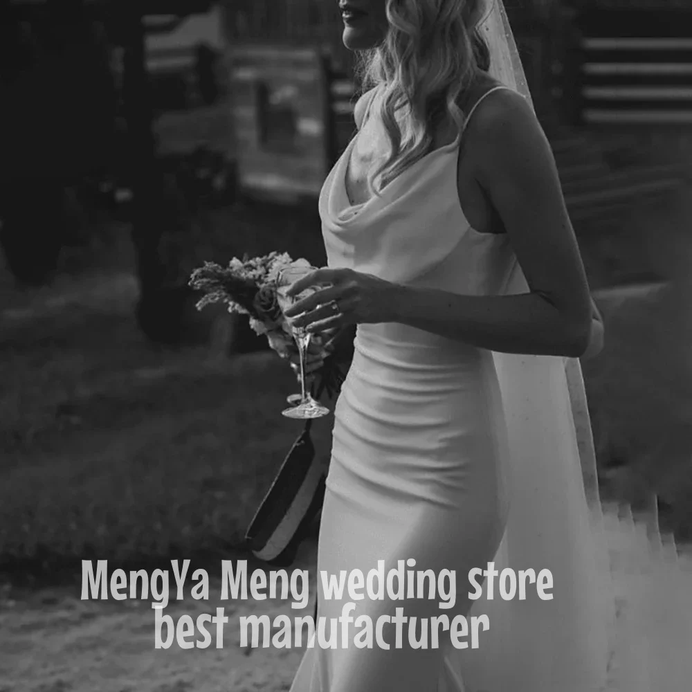 Customized Simple Bride Elegant Backless Draped Satin Spaghetti Straps Civil Vestidos Crepe Cowl Neck Mermaid Wedding Gown Dress