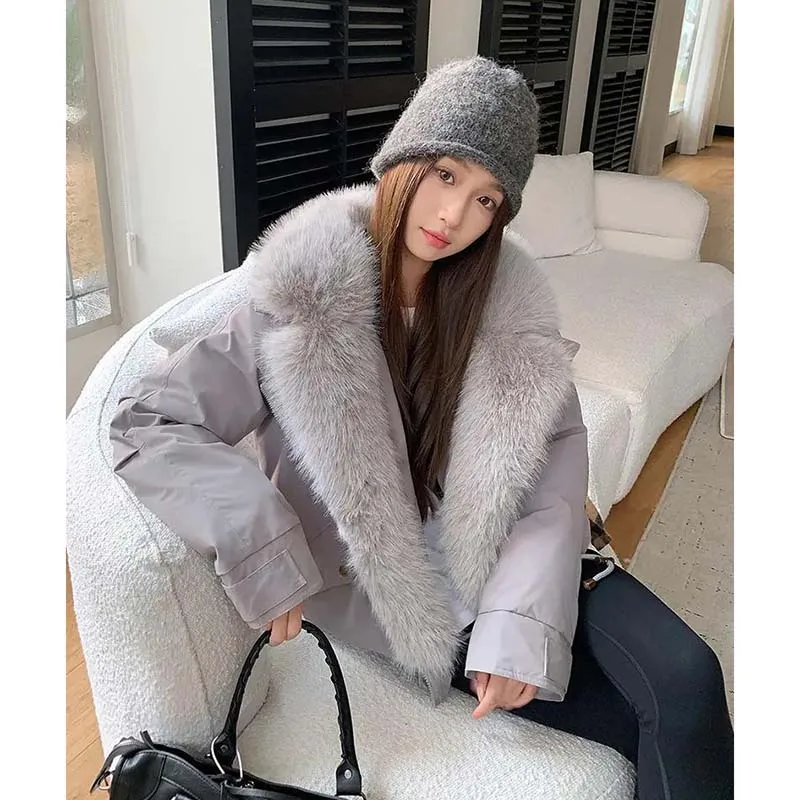 2026 Winter Detachable Large Fur collar Lapel Short Coat Versatile Women's Loose Short Outdoor Cotton Jacket Female Warm Parkas