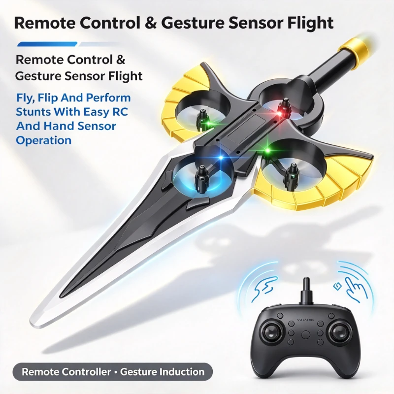3 Battery Black Hand Gesture Induction Flying Sword RC Aircraft, Remote Control Interactive Flying Toy, Birthday Gift for Boys