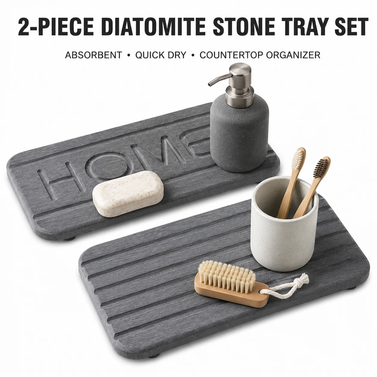 2Pcs Diatomaceous Earth Mat Fast Drying Stone Sink Tray Water Absorbent Organizer For Bathroom Counter Kitchen Soap