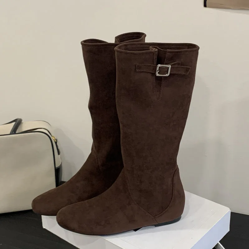 

Aneikeh/2026, зимние дизайнерские сапоги до колена с пряжкой и ремешком, женская обувь на низком каблуке, обувь в стиле панк с круглым носком, Botas Largas De Mujer