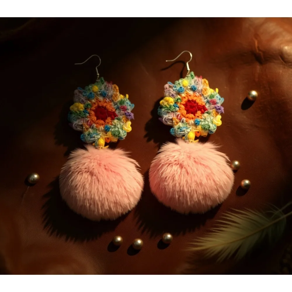 

Красочные вязаные крючком серьги-спирали с пушистыми помпонами для модных женщин