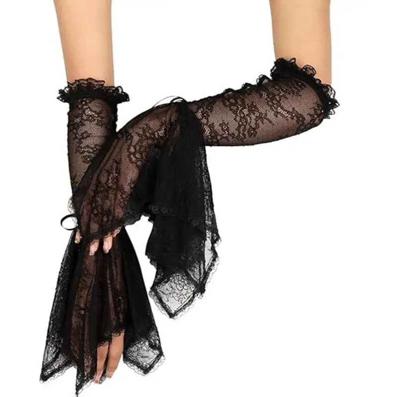 

652F Black White Gothic Gloves With Detachable Lace Sleeves Durable Polyester Material Halloween Stage Performances