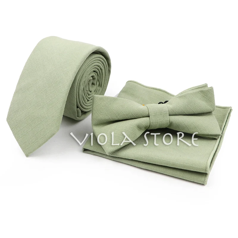 

Nice Color Light Green Pink Orange Solid 6cm Necktie Bowtie Handkerchief Sets Cotton Men Suit Wedding Party Cravat Accessory Top