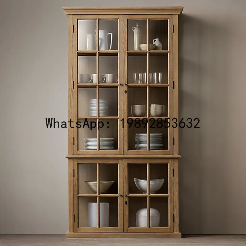 CZ American Country Style Solid Wood Bookshelf French Retro Wine Cabinet Small Apartment Glass Door Storage Cabinet view 2
