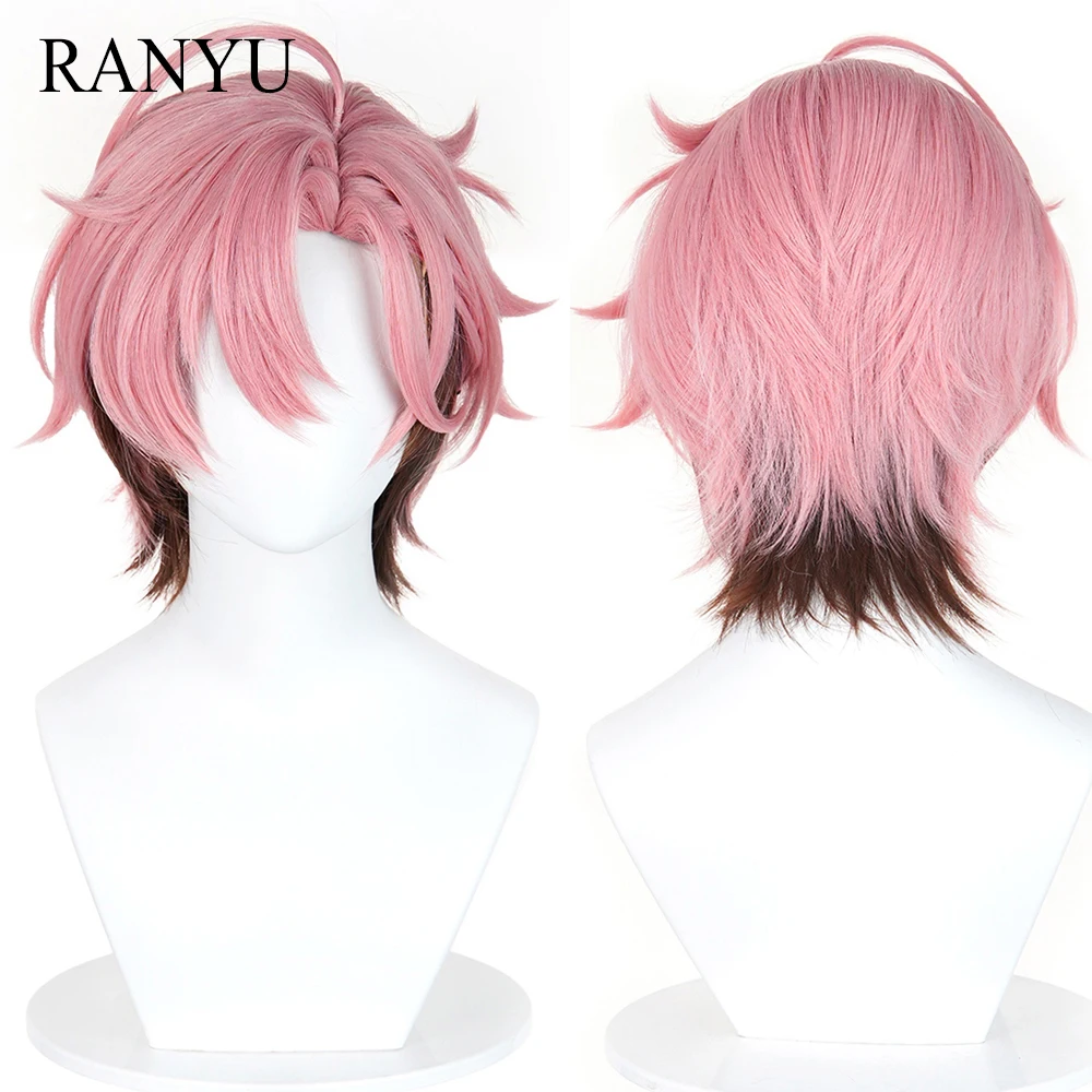 Pink Ombre Brown Short Straight Synthetic Wigs Middle Part Anime Game Cosplay Fluffy Wig for Daily Party