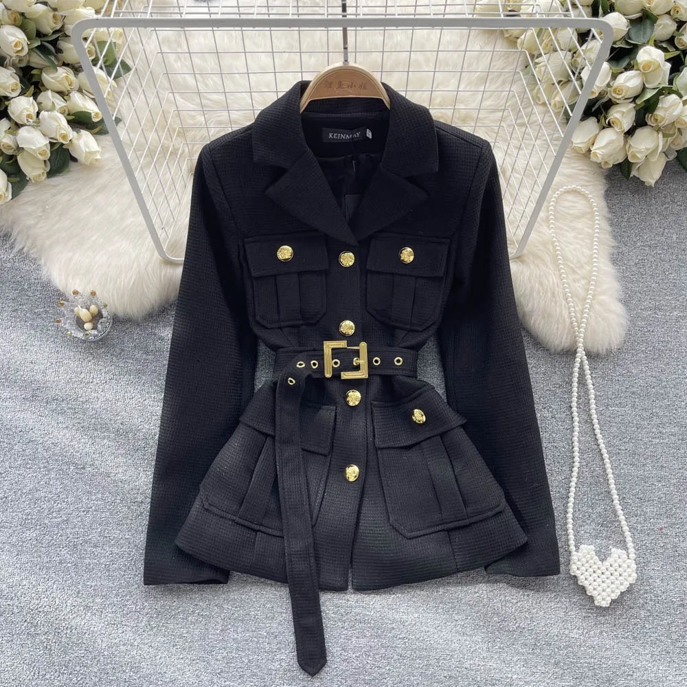 2025 Autumn and Winter New Design Button Closure Waist Strap Mid-Length French Style Small Fragrance Jacket