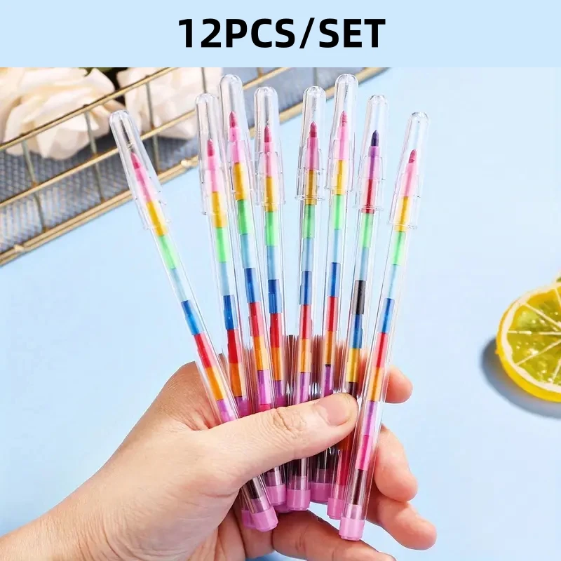 12 قطعة/المجموعة/مجموعة مكعبات بناء ملونة يمكن ضبطها معًا ويمكن تعديلها في الارتفاع، مجموعة أقلام تلوين مع 11 لونًا نابضة بالحياة، مثالية للفنون والحرف اليدوية، ومستلزمات الميلاد والعودة إلى المدرسة، وهدايا المكافآت #1