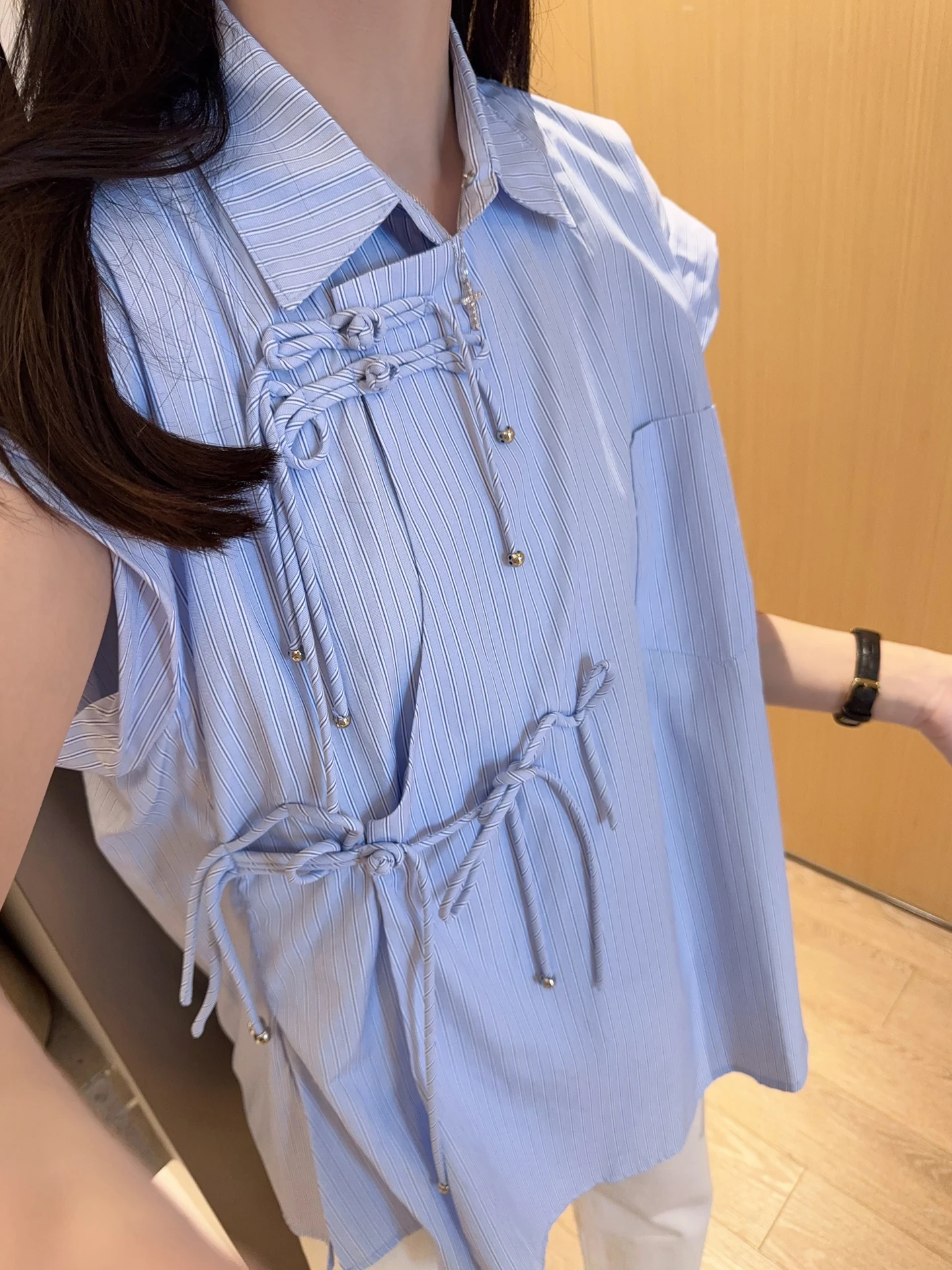 

Синяя полосатая рубашка свободного кроя из шелка и хлопка с пуговицами-кисточками в корейском стиле, модный летний топ для женщин