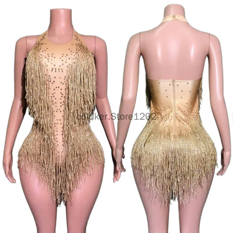 

Sparkly Gold Rhinestone Tassel Bodysuit Women Luxury Crystals Latin Jazz Club Party Fringe Dance Costume Drag Queen Outfit