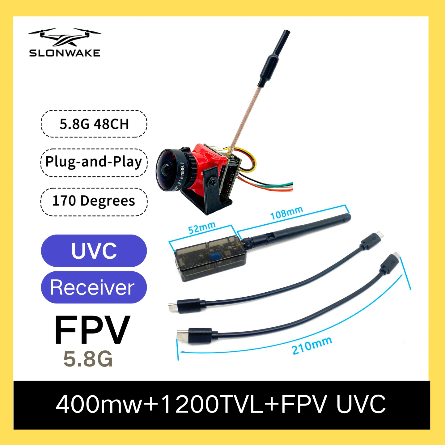 

SLONWAKE 5.8G FPV RXC UVC Receiver Video Downlink OTG VR 400mw Video Transmitter VTX and 1200TVL Night Vision FPV Camera