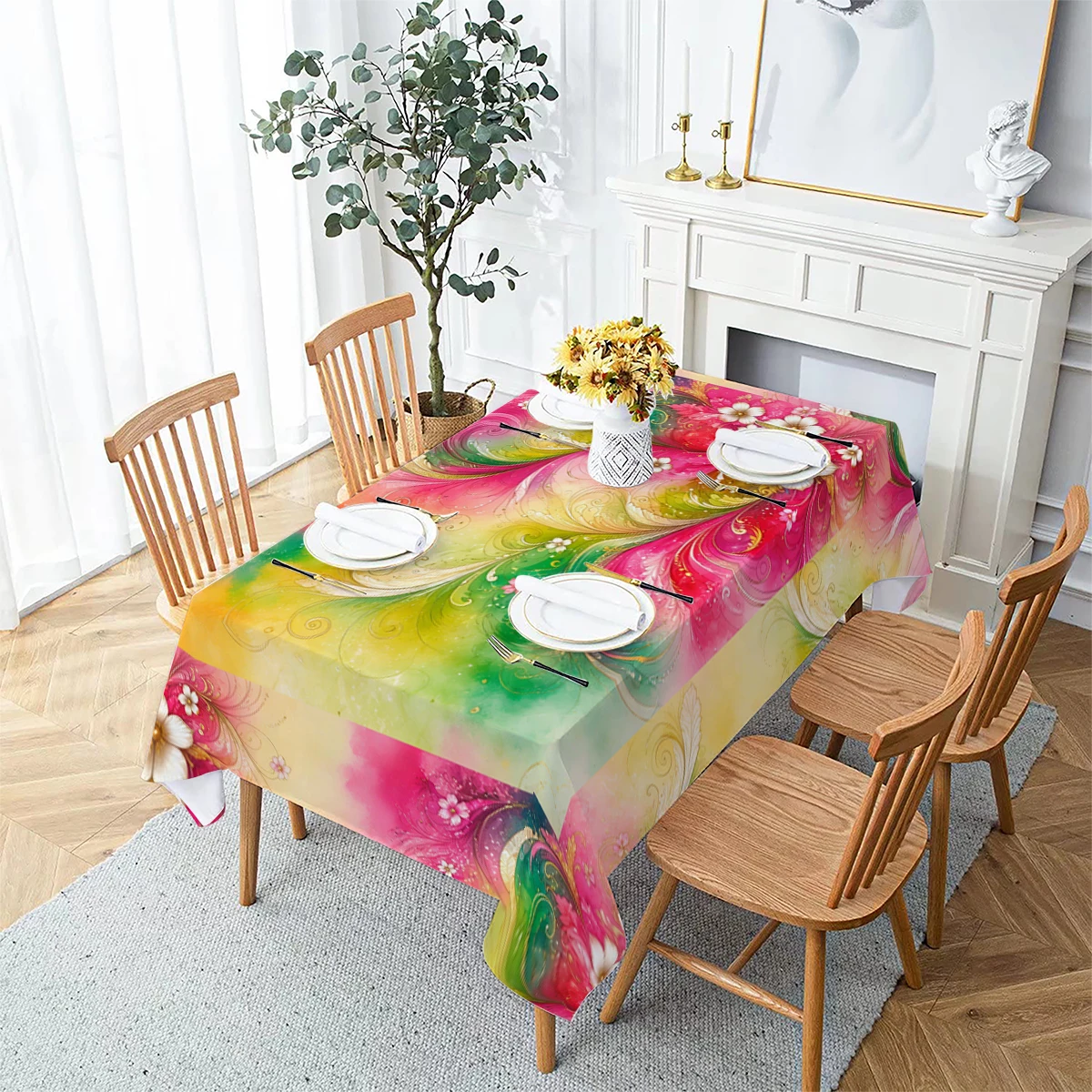 Exquisite Floral Gilded Pattern Polyester Tablecloth, Decorative Dining Table Cover for Home Parties and Daily Dining Scene Use
