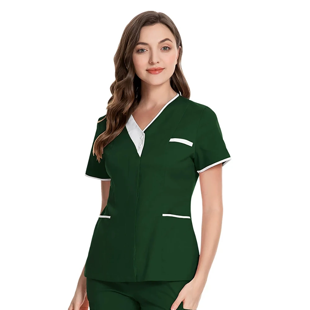 Camicia per chirurgia Scrub Uniforme medica Uniforme da infermiera Manica corta Colletto rialzato Abbigliamento da medico Camicetta per scrub medico tinta unita