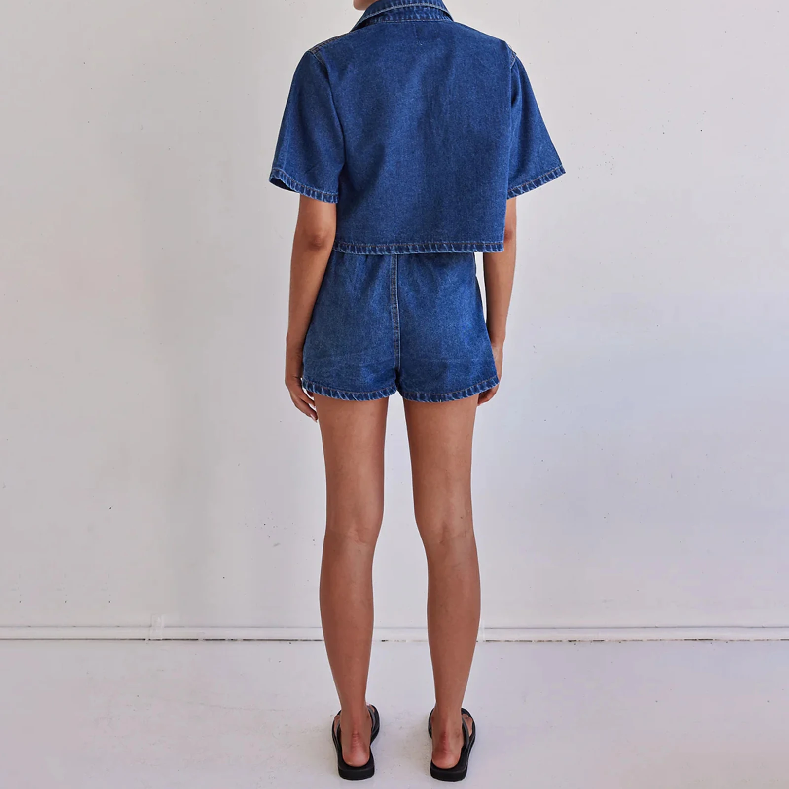 Combhasaki Women 2Piece Denim Outfits Set Short Sleeve Lapel V-Neck Pullover Crop Tops + Irregular Skirted Shorts with Pockets