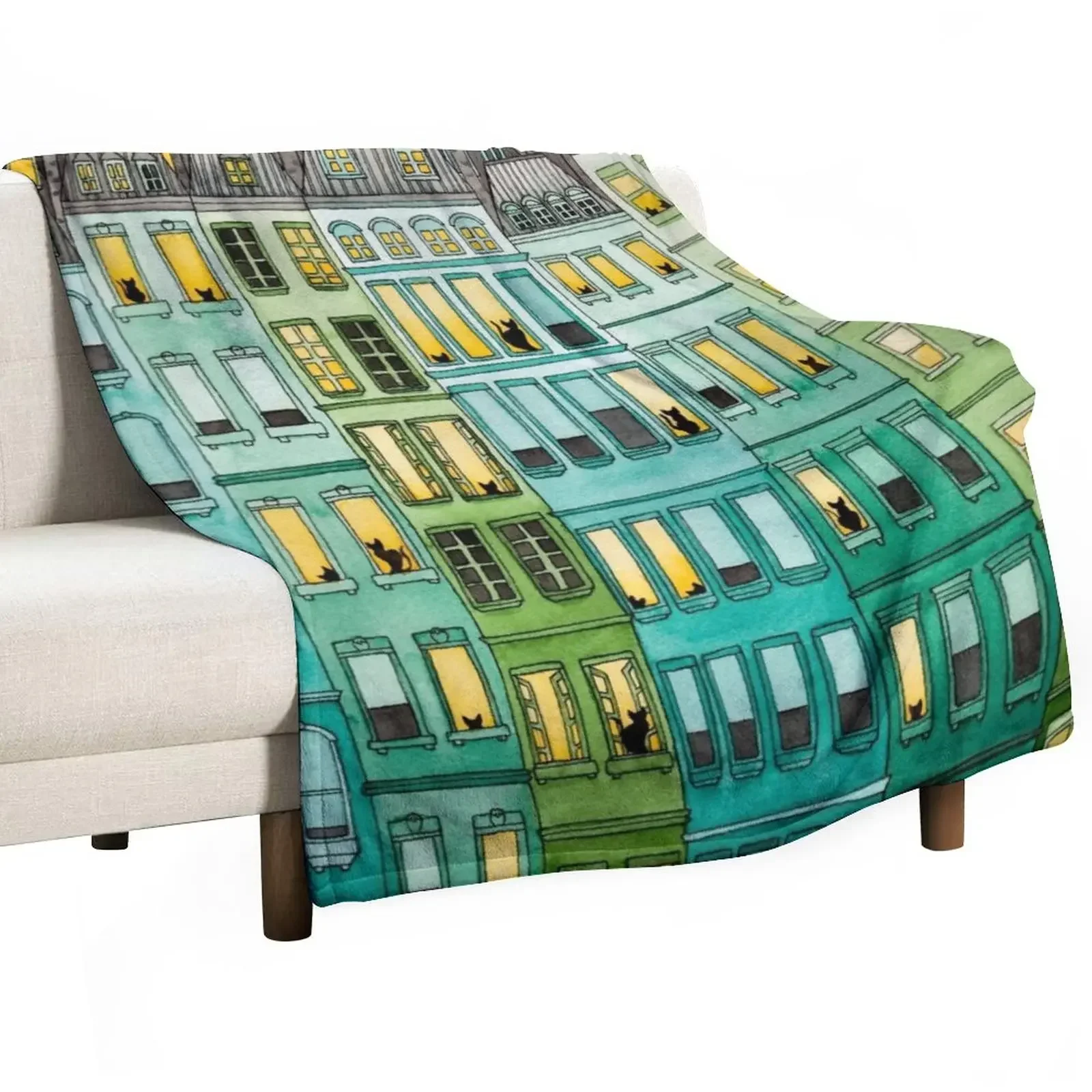 Cats in Green Townhouses Throw Blanket Stuffeds Single Thin for winter Blankets