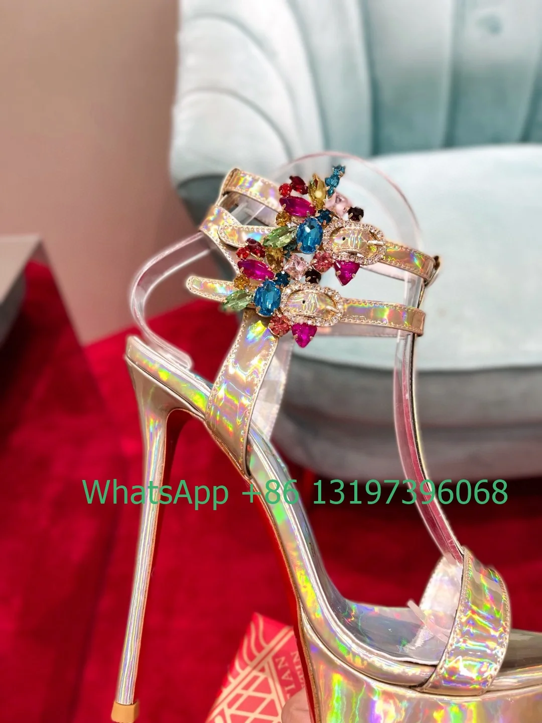 

Ladies Elegant Royal Blue Thick Sole Crystal Color Diamond Sandals Sexy Black Stiletto Sandals Banquet Pumps Large Size 34-43