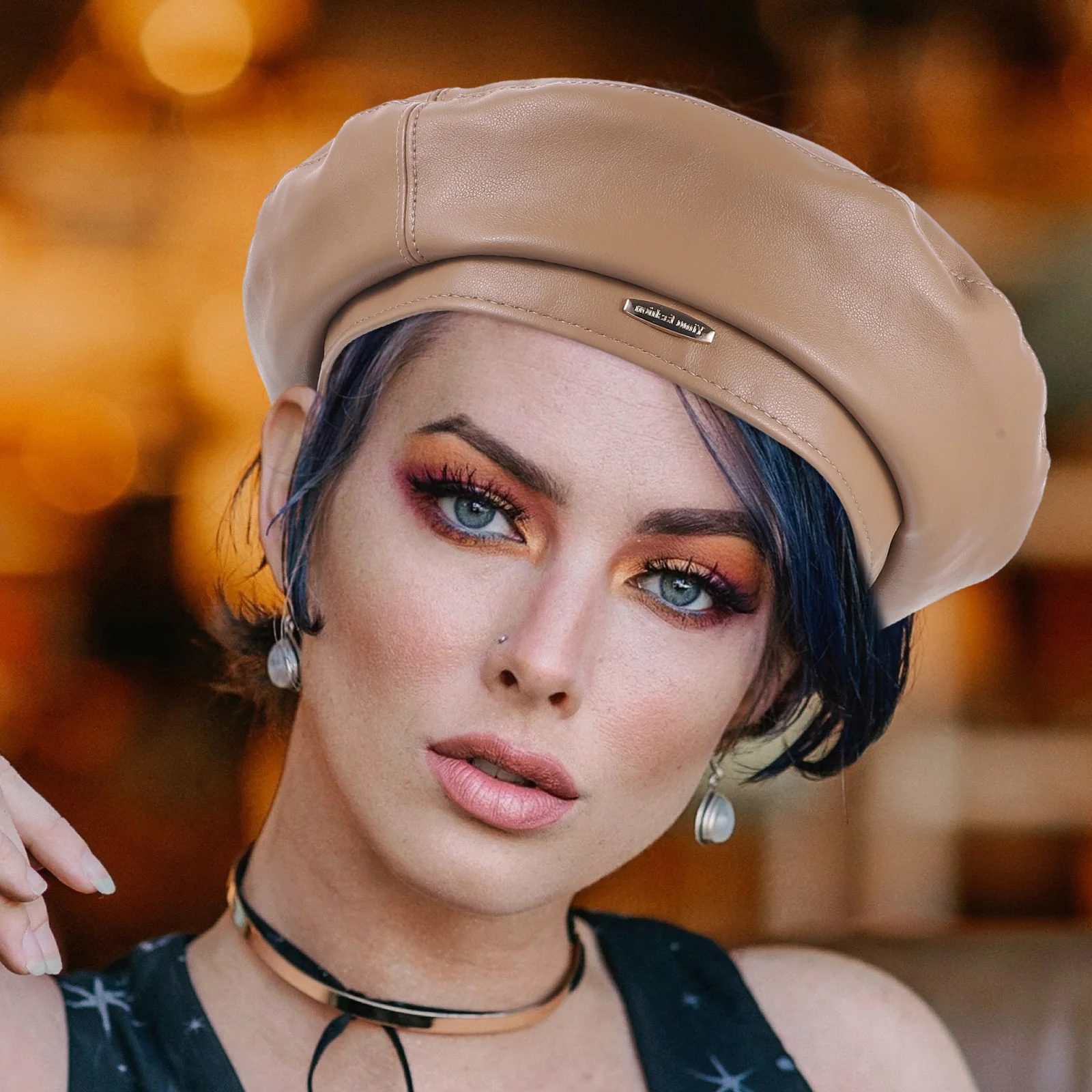 

Retro Beret Hat Women PU Cap European Style Headdress Brown Temperament Hat Daily Fashion Accessory Warm Autumn