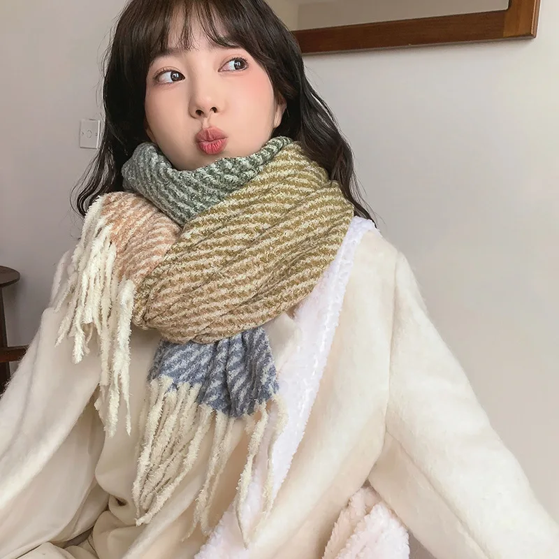 Women's autumn and winter warm scarf, fashionable and elegant color blocked scarf, shawl, imitation cashmere knitted H268