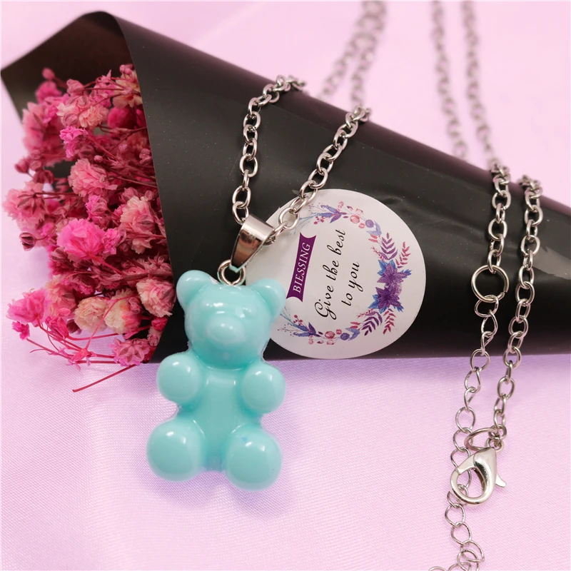New Cute Candy Color Resin Gummy Bear Pendant Necklaces for Women&Girl Daily Hip Hop Jewelry Party Gifts Femme Bijoux