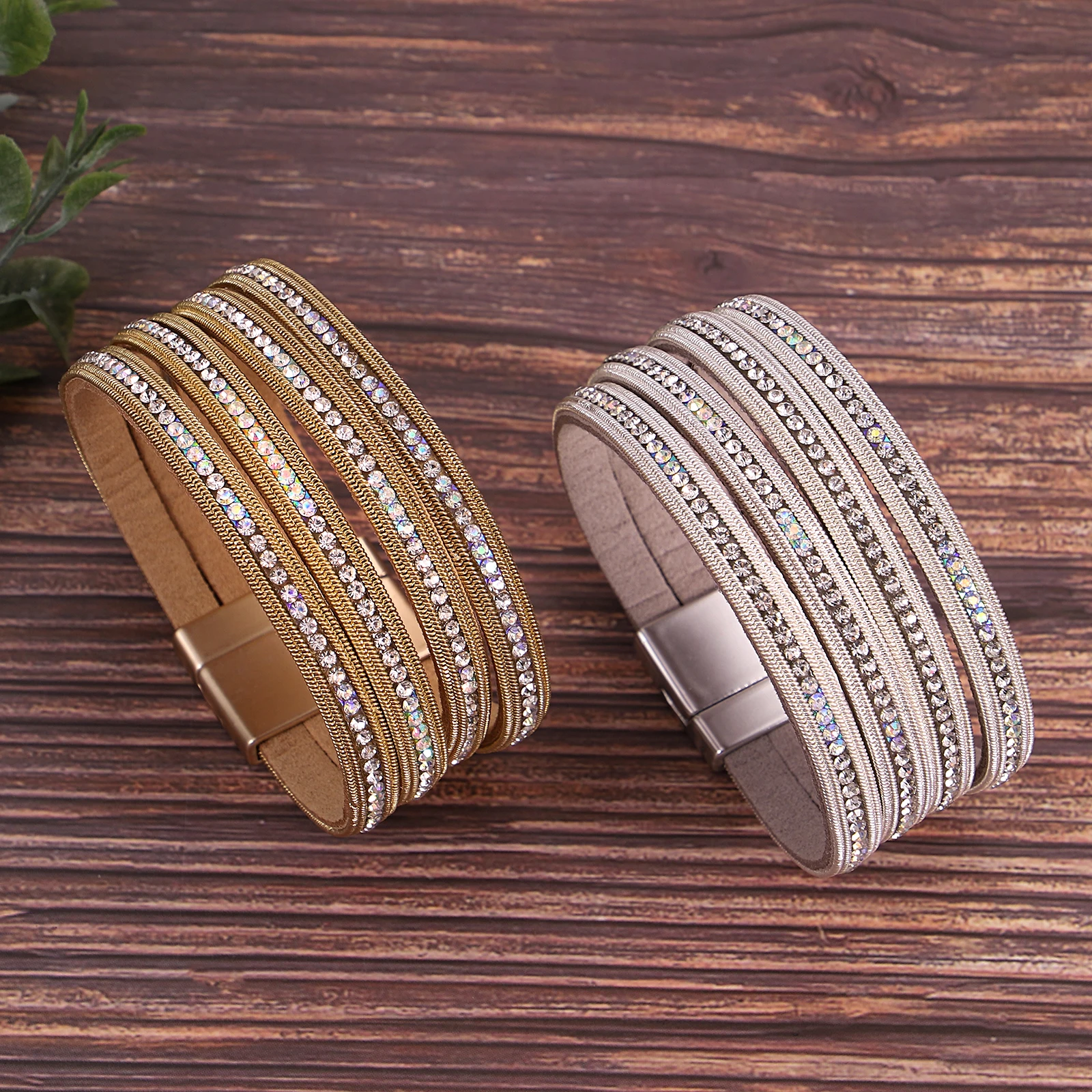 

Amorcome Sparkling Rhinestone Stackable Leather Bracelet Women's Multilayer Thin Chain Winding Bracelet Exquisite Hand Jewelry