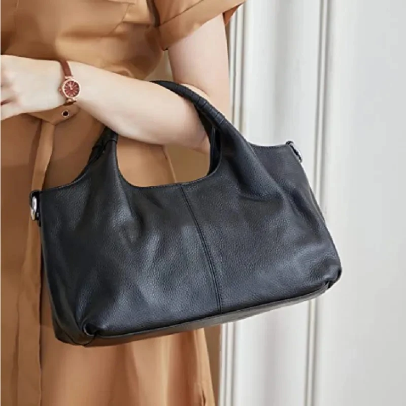 Luxury genuine leather women\'s bag boston style solid top soft leather messenger shoulder bags handbag lady tote 2023 casual