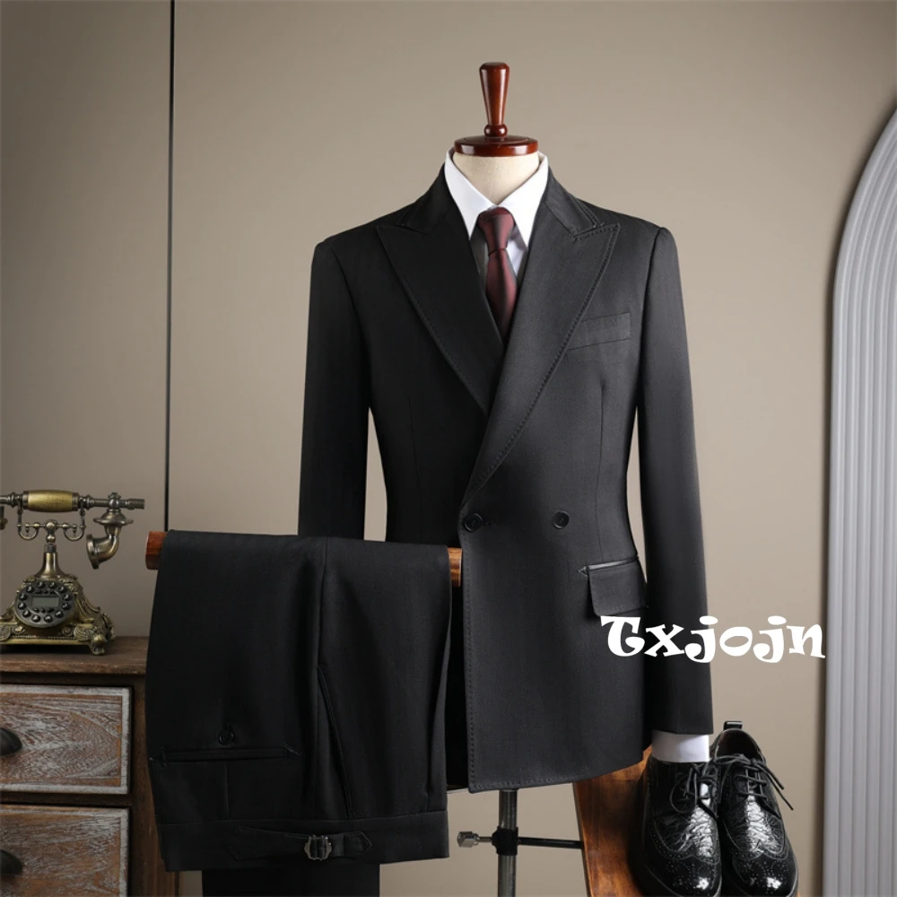 

Black Elegant Peak Lapel Men's Suits 2 Pieces Blazer Pants Wediing Groom Outfit Double Breasted Full Sleeve Tuxedo For Men