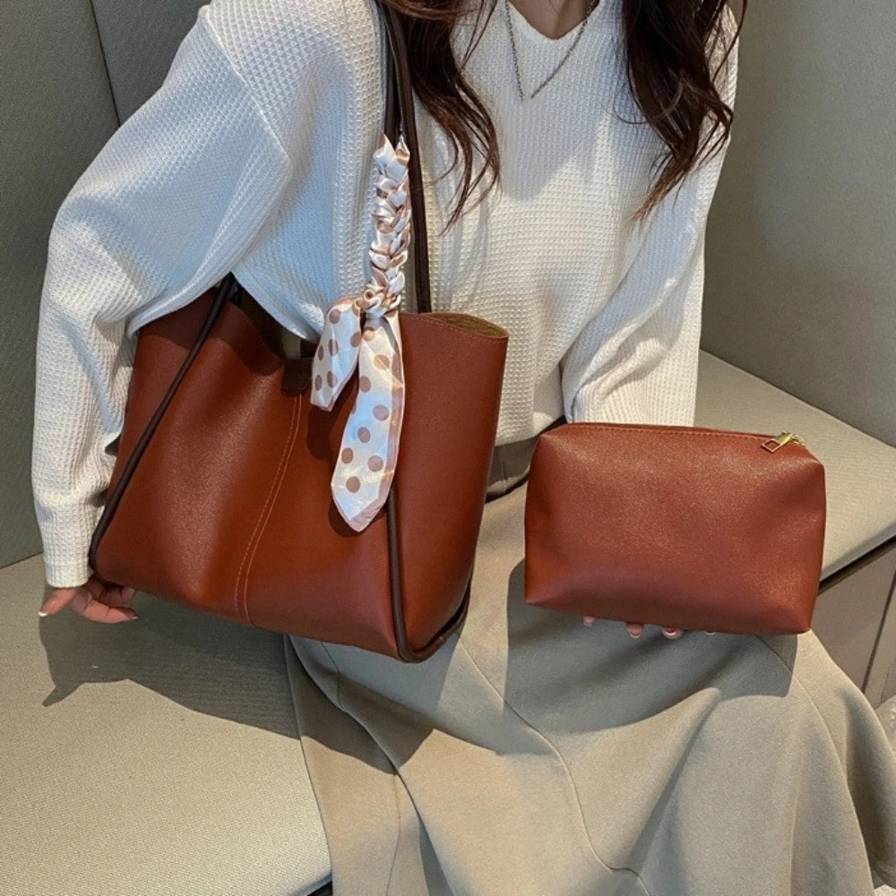

Tote Bag Women PU Shoulder Bag with Small Bag Large Capacity Silk Scarf Straps Handbag All-match Portable PU Underarm Bag