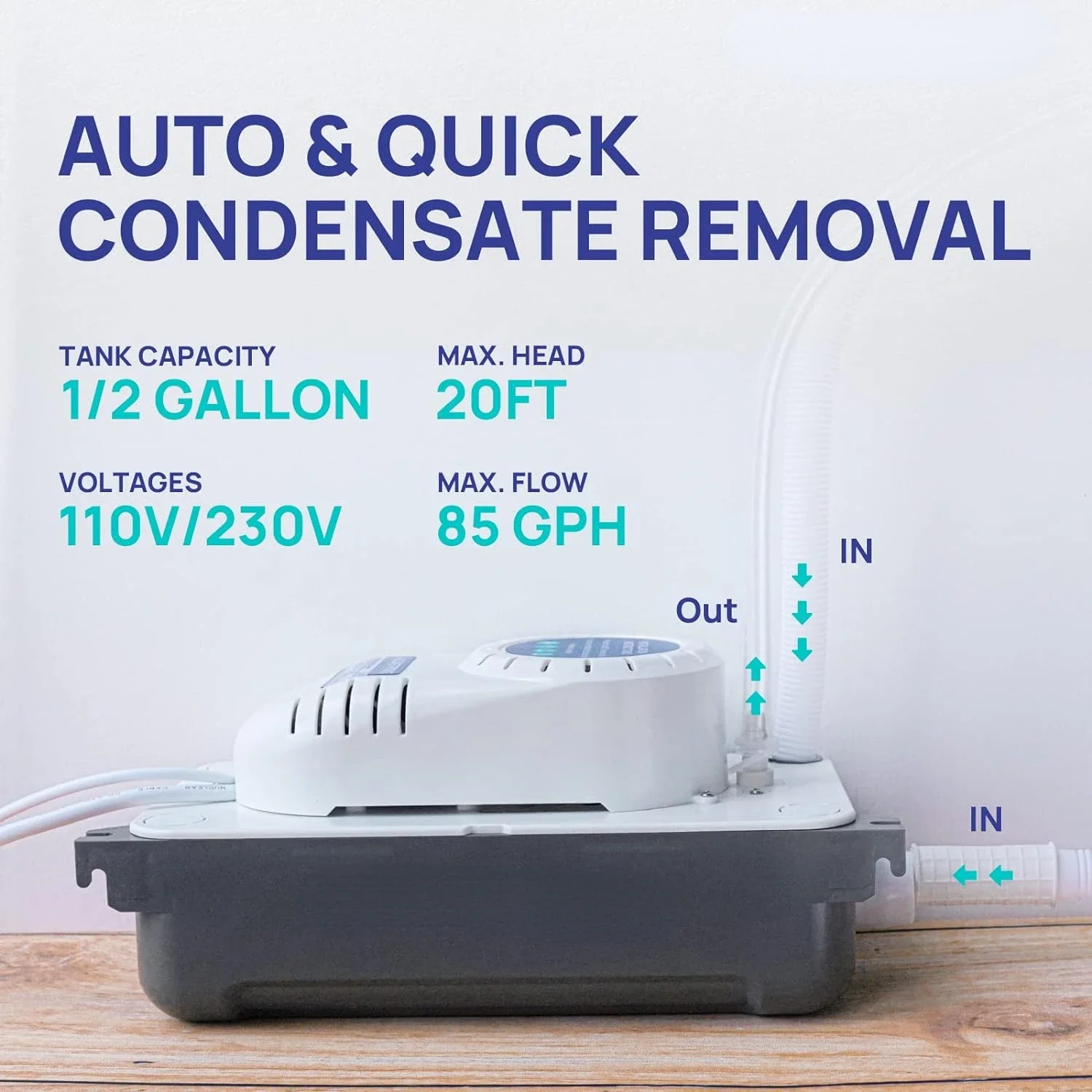 Bomba de condensación eficiente con interruptor de seguridad automático, 1/30HP 95 GPH HAVC, 115V/230V, elimina fácilmente la condensación de CA, incluye 1