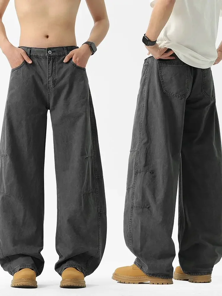 American Style Casual Pants Men's High Street Vintage Street Loose Wide Leg Floor-Length Casual Long Trousers Washed Knife Wo...