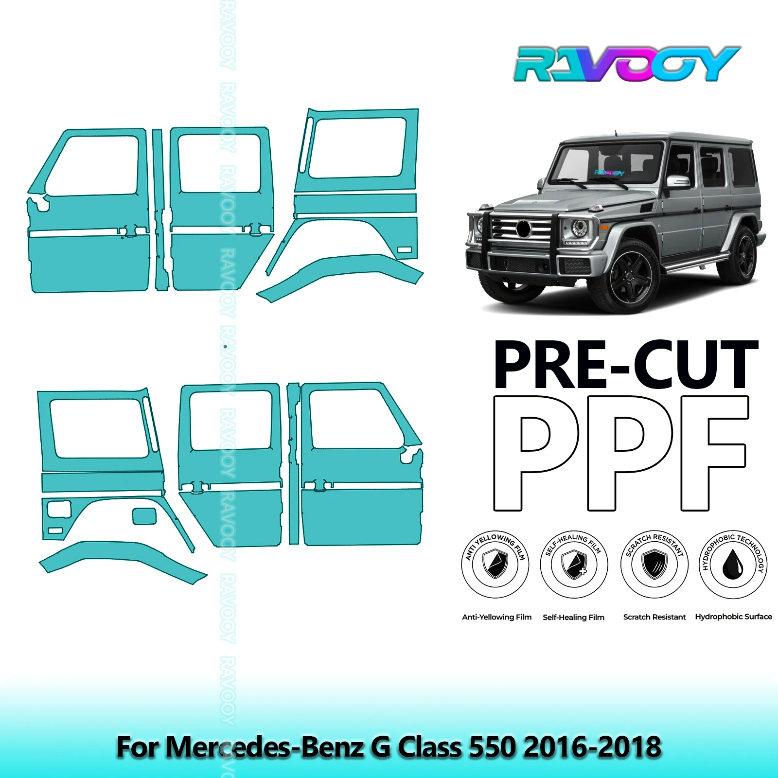 

For Mercedes-Benz G Class 550 2016-2018 8.5mil Clear Matte Pre-Cut PPF Door & A/B Pillar Kit TPU Paint Protection Film Set