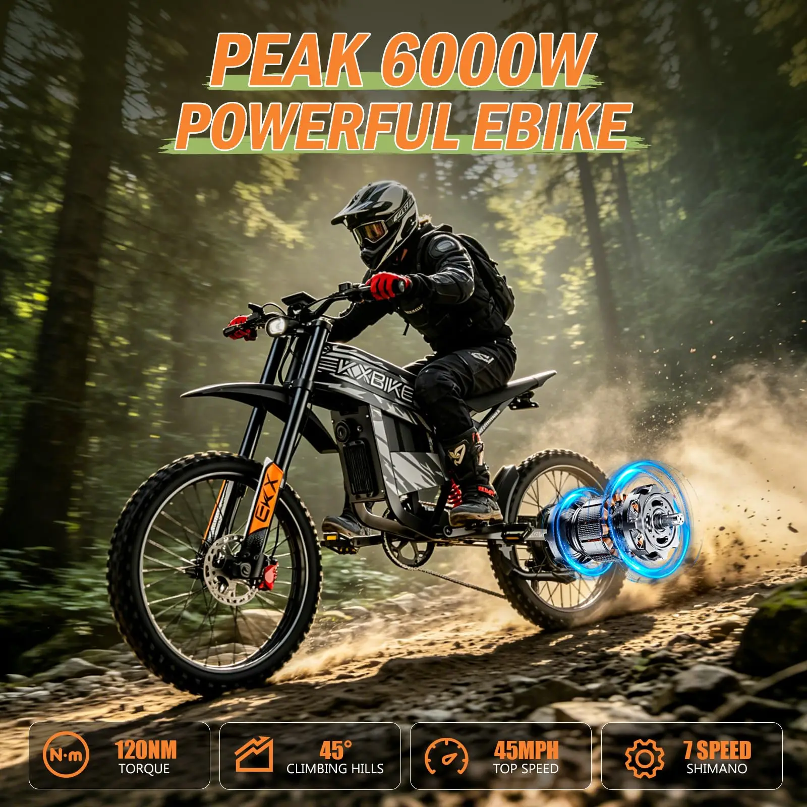 Readygo EKXBIKE TX1 Electric Dirt Bike 3000W, 60V30Ah Lithium Battery, Adult Off-Road Mountain Ebike, Max Speed 80km/h Peak6000w
