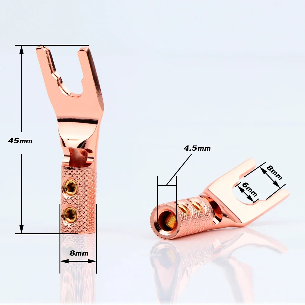 4pcs Copper Plated Fork Connectors Speaker Cable Y Flat Connector Double Screw Locking Max. 4.5 mm Gold-Plated with Tube
