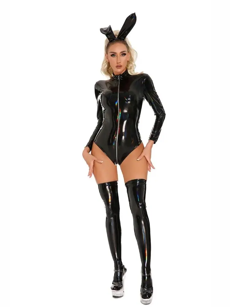 Glänzende Faux Pu Leder 2 Reiß verschluss offenen Schritt Bodysuit Laser bunte Wet Look PVC Cosplay Outfit Strumpfhose sexy Körper Teddys Strumpf