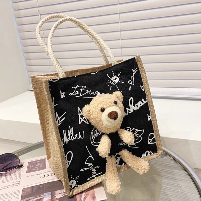 

Cute Teddy Bear Handbag Girls Simple Canvas Bag Ladies Commuter Bag Cubic Bear Decoration Candy Gift Bag Gift Packaging Bag