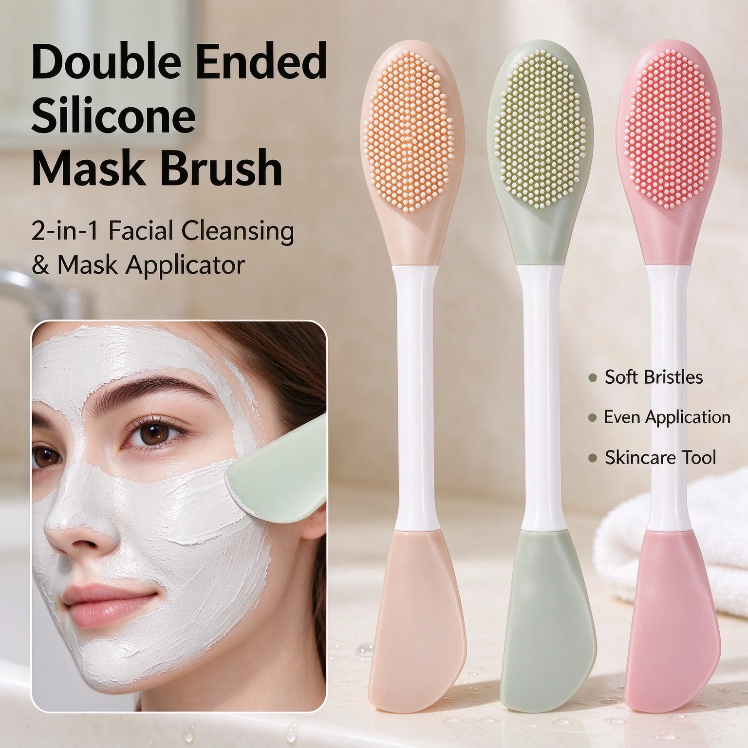 2 in 1 Dual Head Silicone Face Mask Brush Mud Mask Special Applicator Facial Cleansing Massage Brush Skin Care Beauty Tool