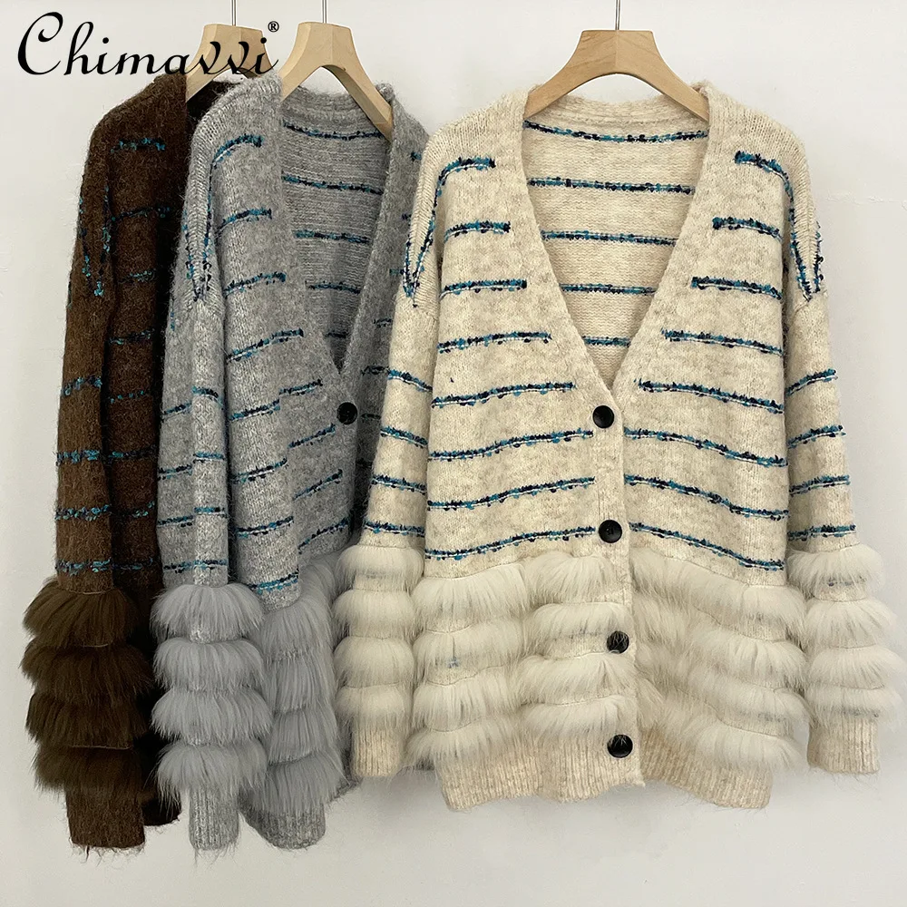 

Korean Style Elegant High-End V-Neck Long Sleeve Single-Breasted Fox Fur Patchwork Loose Knitted Cardigans for Women Jackets