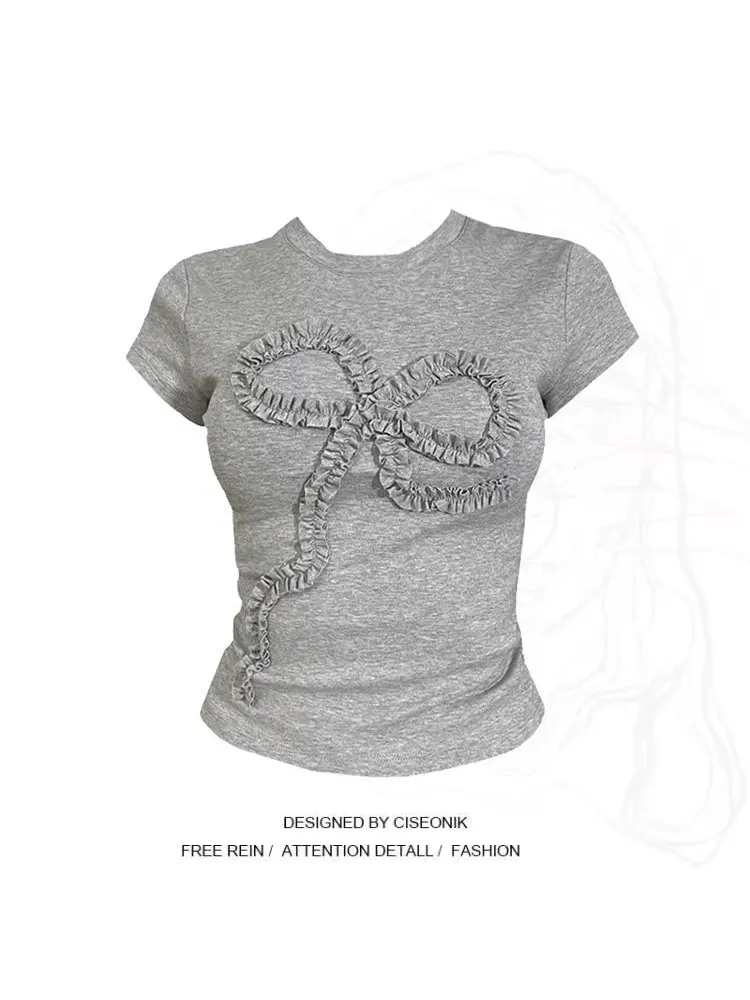 

plus Size Women's ort Sve T-irt ey Knot Slim Fit Summer Top Korean Sle round Ne Casual Wear