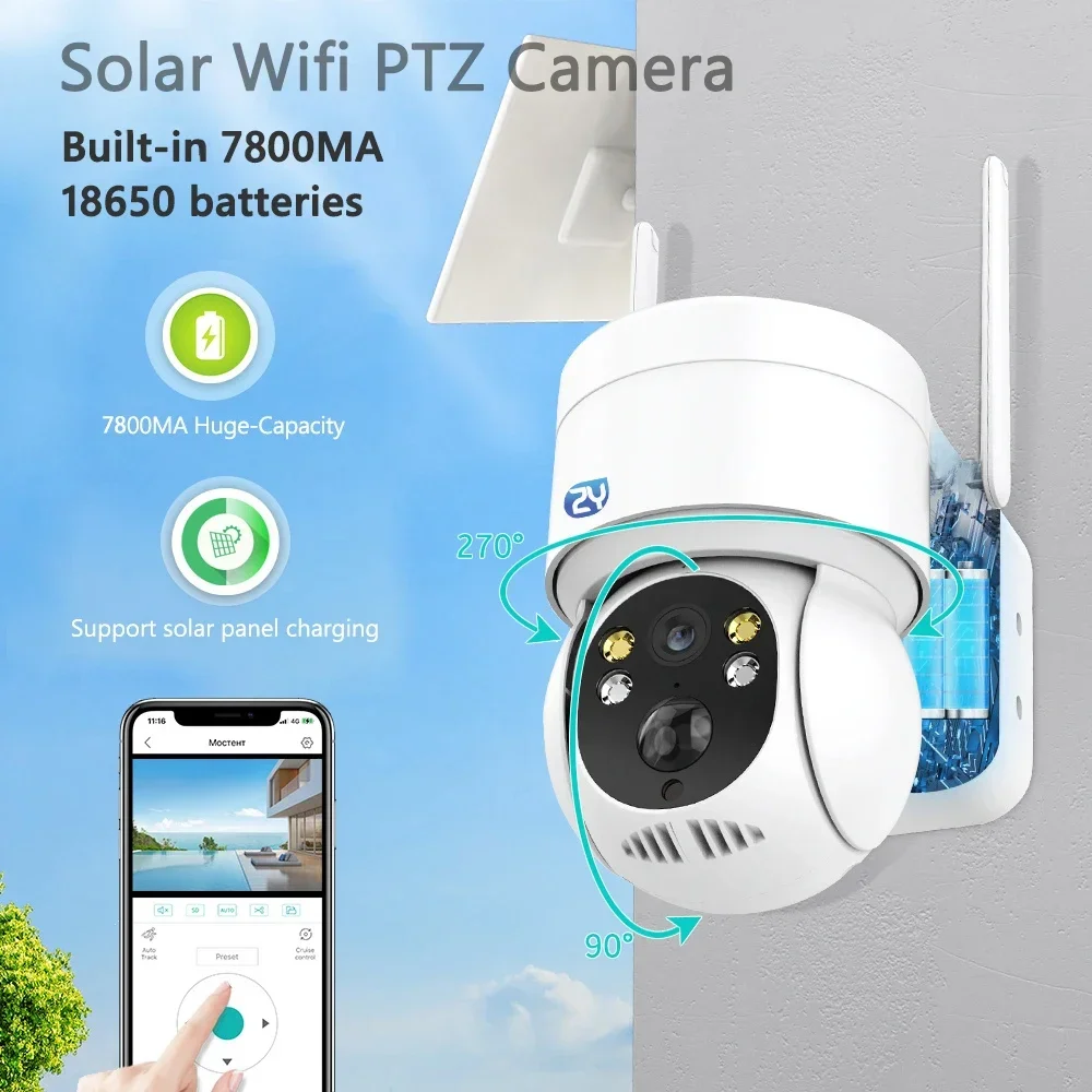 4MP Solar Panel Wifi Camera PIR Human Detection Wireless Battery Security Camera Color Night Vision Outdoor PTZ IP Camera iCSee