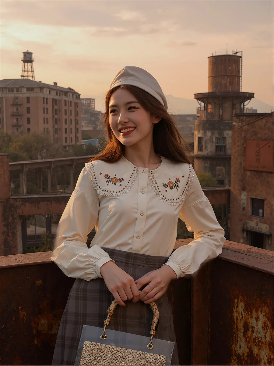 Langarm-Damen-Hemden mit Stickerei, Karomuster, bedruckt, Knopfleiste vorne, lässiger Stil, Preppy, College, schlicht, Basic, süße Baumwolle