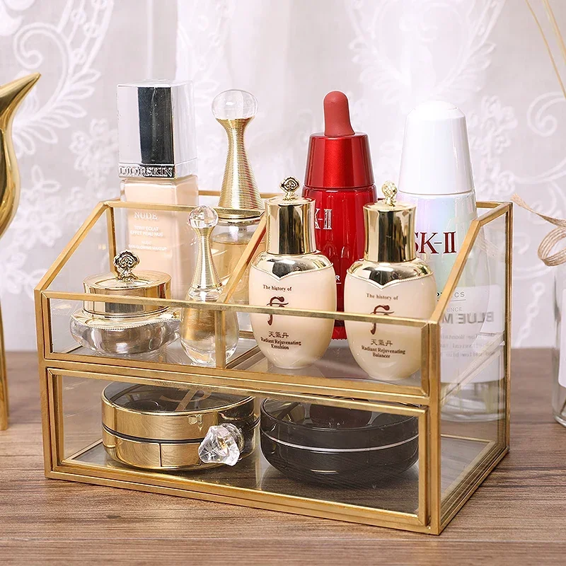 Nordic Glass Cosmetic Organizer Bathroom Perfume Nail polish Lipstick Storage Drawer Case Dust-proof Makeup Storage Tools