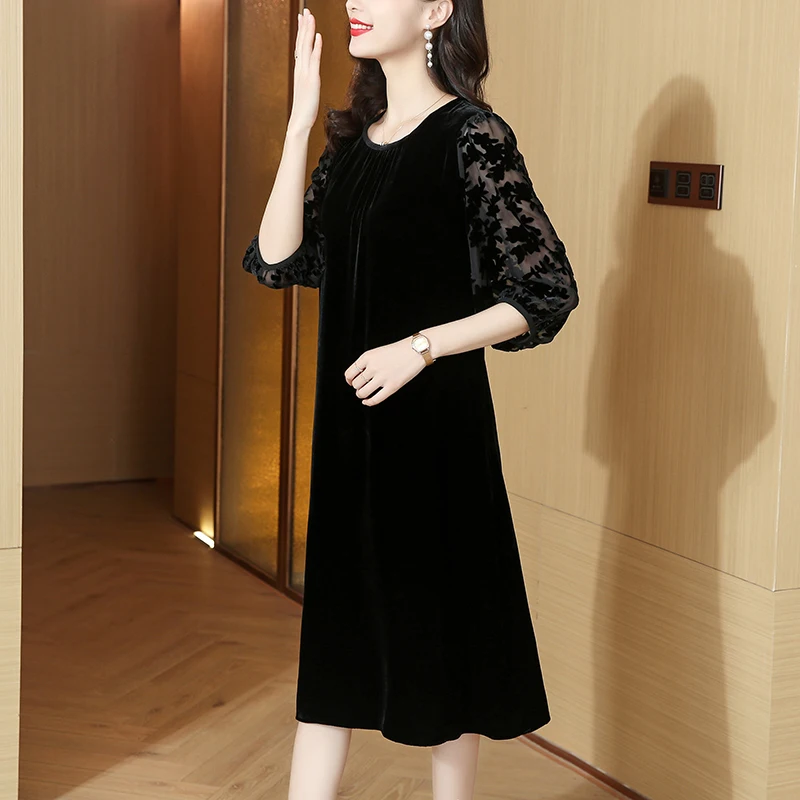 2023 Spring and Autumn Silk Velvet Dress Women\'s Celebrity Loose Large Size Hollow out Velvet Black Slim Knee Long Dress Robe