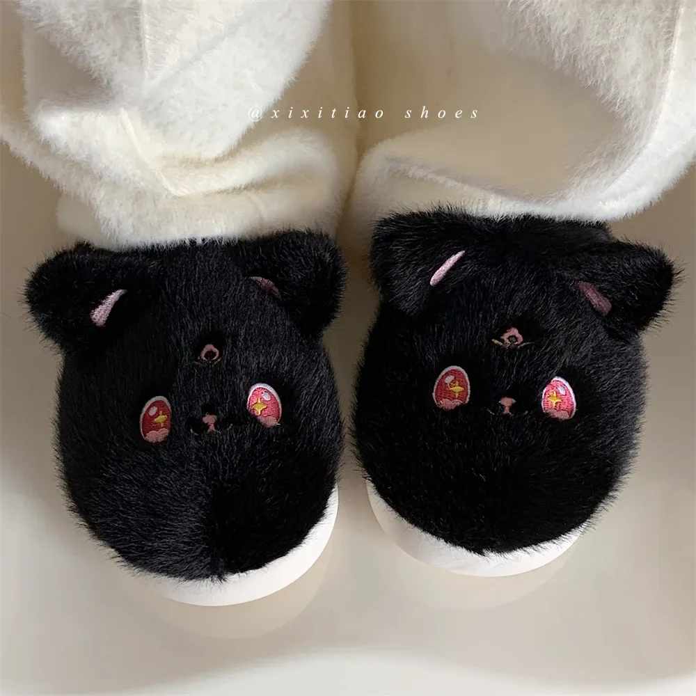 Sweet Cartoon Little Black-Cat pantofole in cotone House Slides pantofole in Memory Foam Scuff scarpe da camera da letto in peluche con fodera in pelliccia sintetica