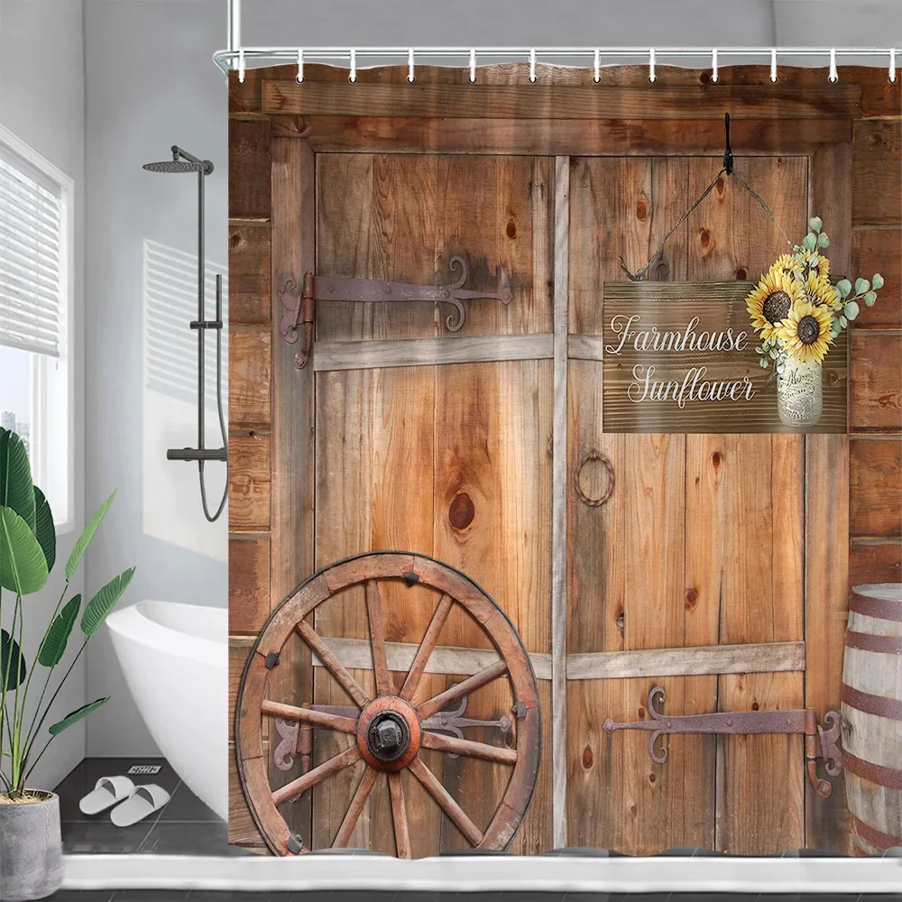 Rustic Farm Barn Door Shower Curtains Vintage Wood Plank Wheel Sunflower Polyester Fabric Bathroom Decor Bath Curtain with Hooks