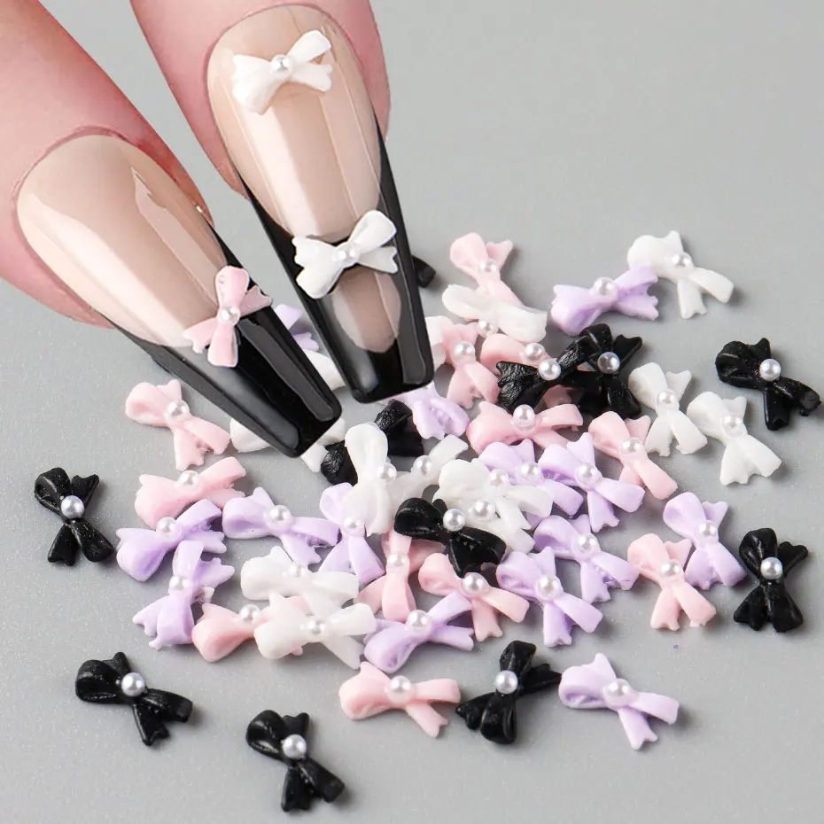 50 stücke 3D Mini Harz Rosa Band Nagel Bowknot Dekor Nette Weiß/Schwarz Flatback Nail art Bogen Koreanische DIY perle Maniküre Zubehör